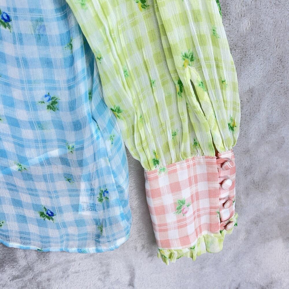 Ghost London Bella Blouse Medium Gingham Botanical Semi Sheer Crepe Picnic-core - Picture 3 of 13